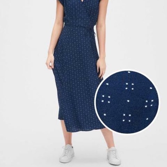Gap navy blue short sleeve maxi wrap dress with tiny white polka dots, XL - Picture 3 of 11